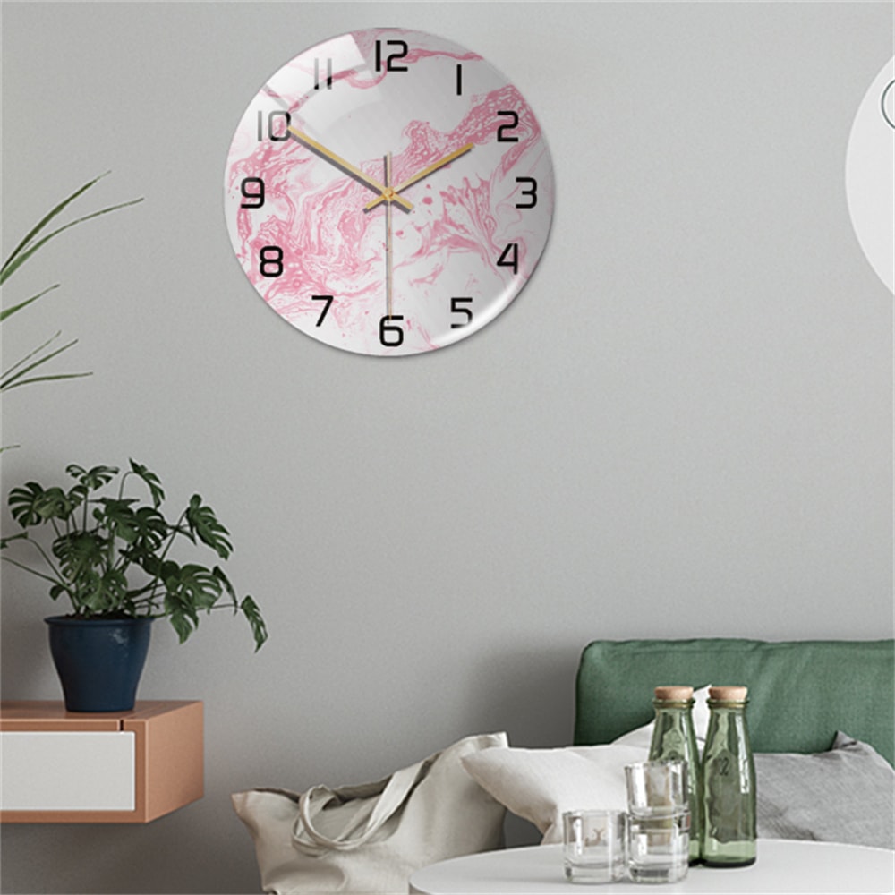 Silent Marble Effect Wall Clock with Glossy Domed Face for Living Room