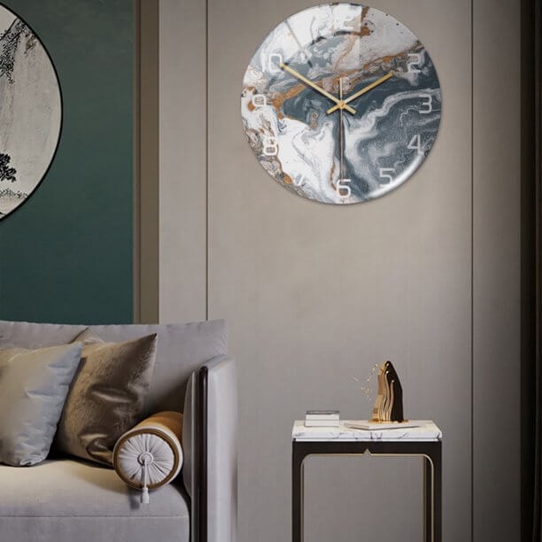 Silent Marble Effect Wall Clock with Glossy Domed Face for Living Room
