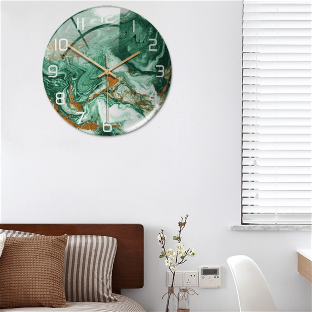 Silent Marble Effect Wall Clock with Glossy Domed Face for Living Room