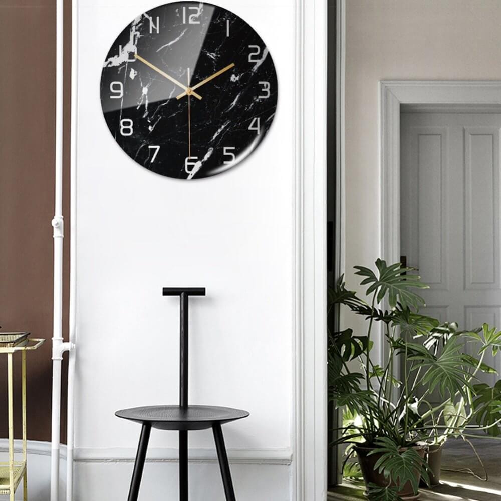 Silent Marble Effect Wall Clock with Glossy Domed Face for Living Room