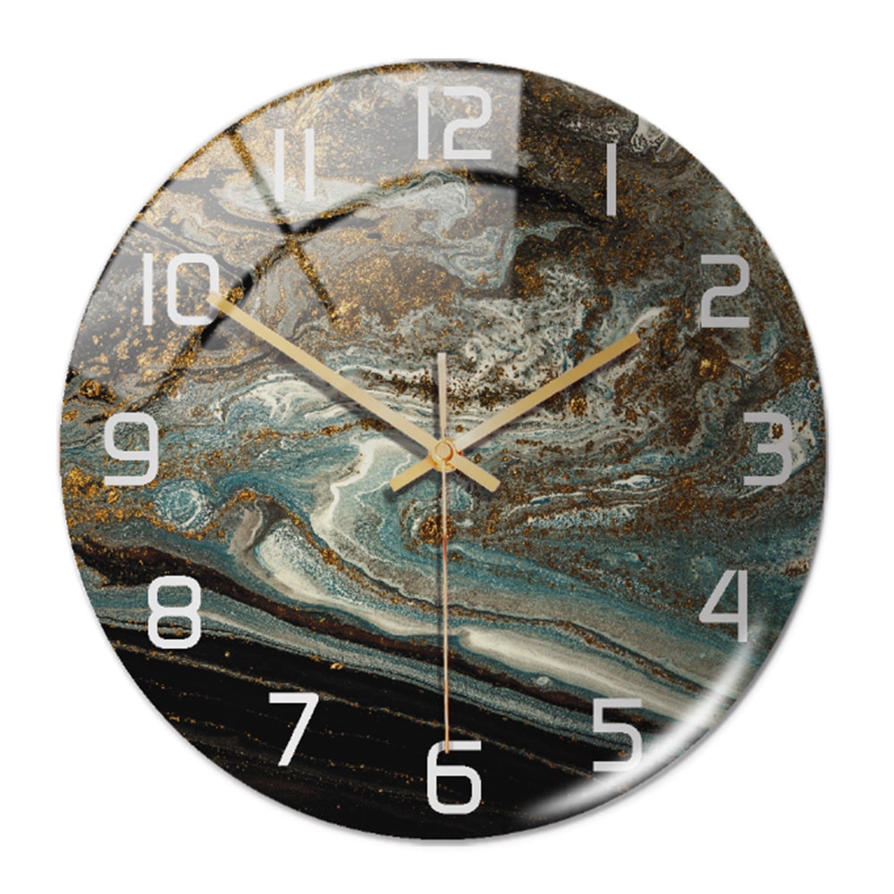 Silent Marble Effect Wall Clock with Glossy Domed Face for Living Room