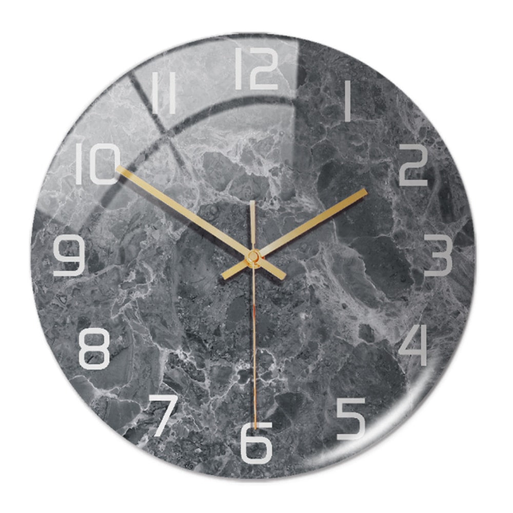 Silent Marble Effect Wall Clock with Glossy Domed Face for Living Room
