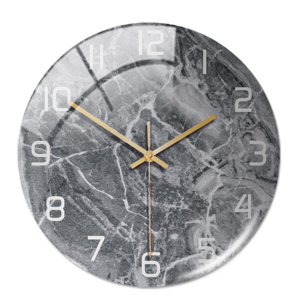 Silent Marble Effect Wall Clock with Glossy Domed Face for Living Room