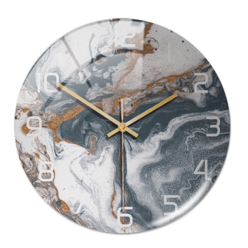 Silent Marble Effect Wall Clock with Glossy Domed Face for Living Room