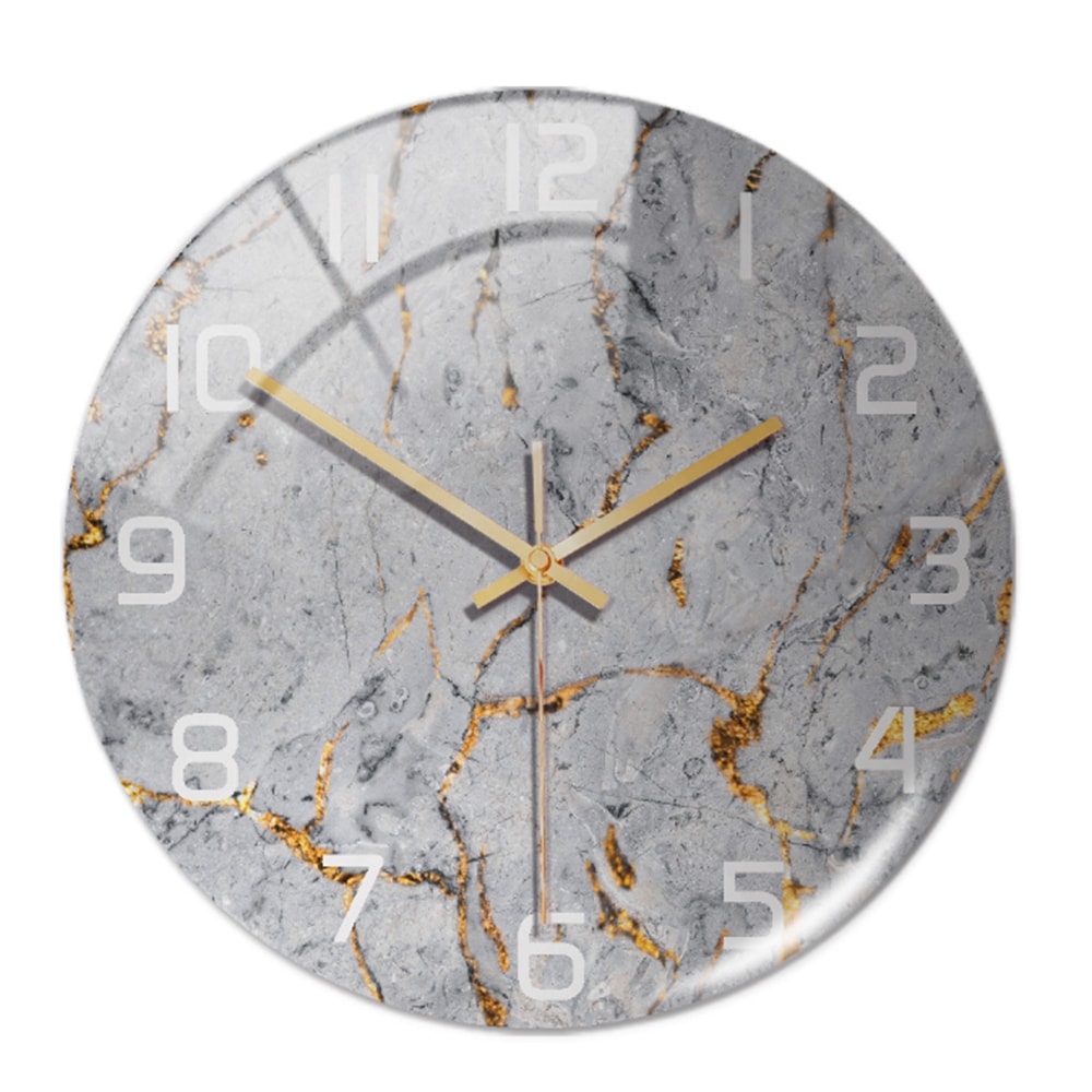 Silent Marble Effect Wall Clock with Glossy Domed Face for Living Room