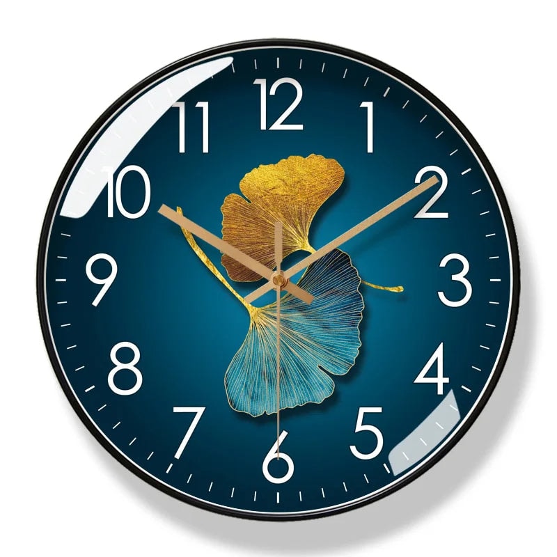 Silent Wall Clock with Ginkgo Leaf Design and Glass Cover for Living Room