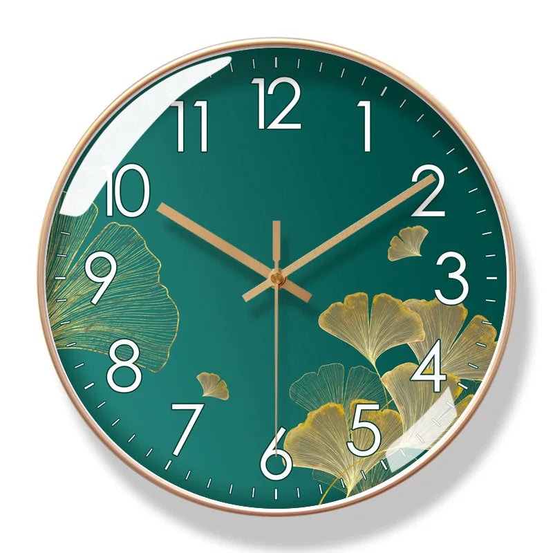 Silent Wall Clock with Ginkgo Leaf Design and Glass Cover for Living Room