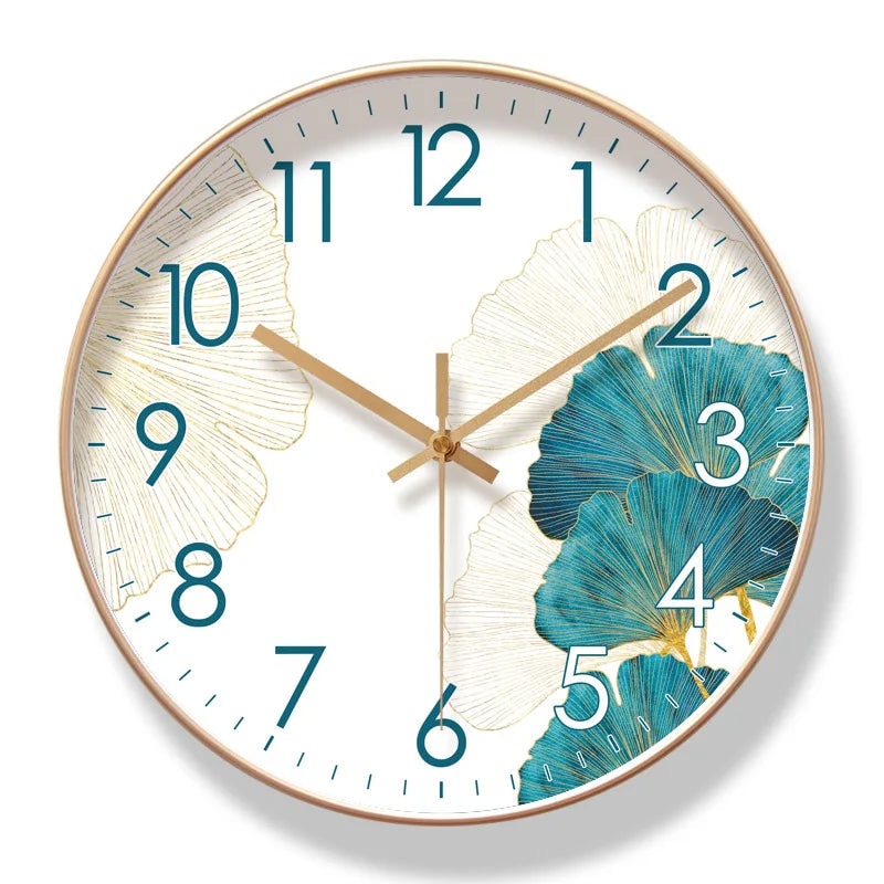 Silent Wall Clock with Ginkgo Leaf Design and Glass Cover for Living Room