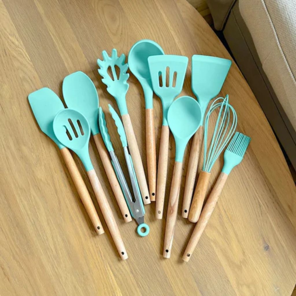 Silicone Kitchen Utensil Set with Wooden Handles for Non Stick Cookware