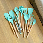 Silicone Kitchen Utensil Set with Wooden Handles for Non Stick Cookware