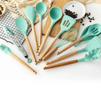 Silicone Kitchen Utensil Set with Wooden Handles for Non Stick Cookware