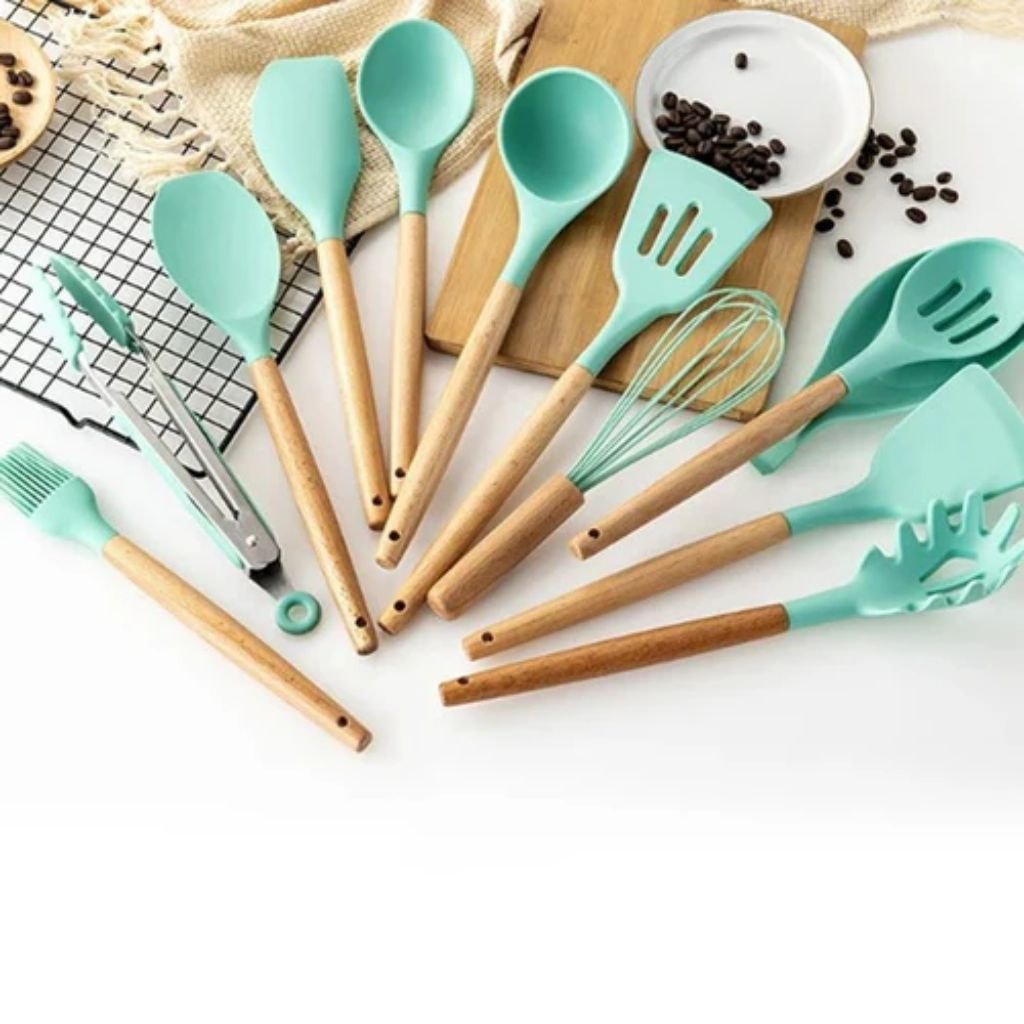 Silicone Kitchen Utensil Set with Wooden Handles for Non Stick Cookware