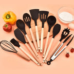 Silicone Kitchen Utensil Set with Wooden Handles for Non Stick Cookware