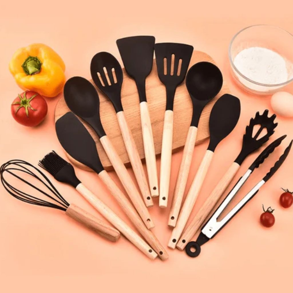 Silicone Kitchen Utensil Set with Wooden Handles for Non Stick Cookware