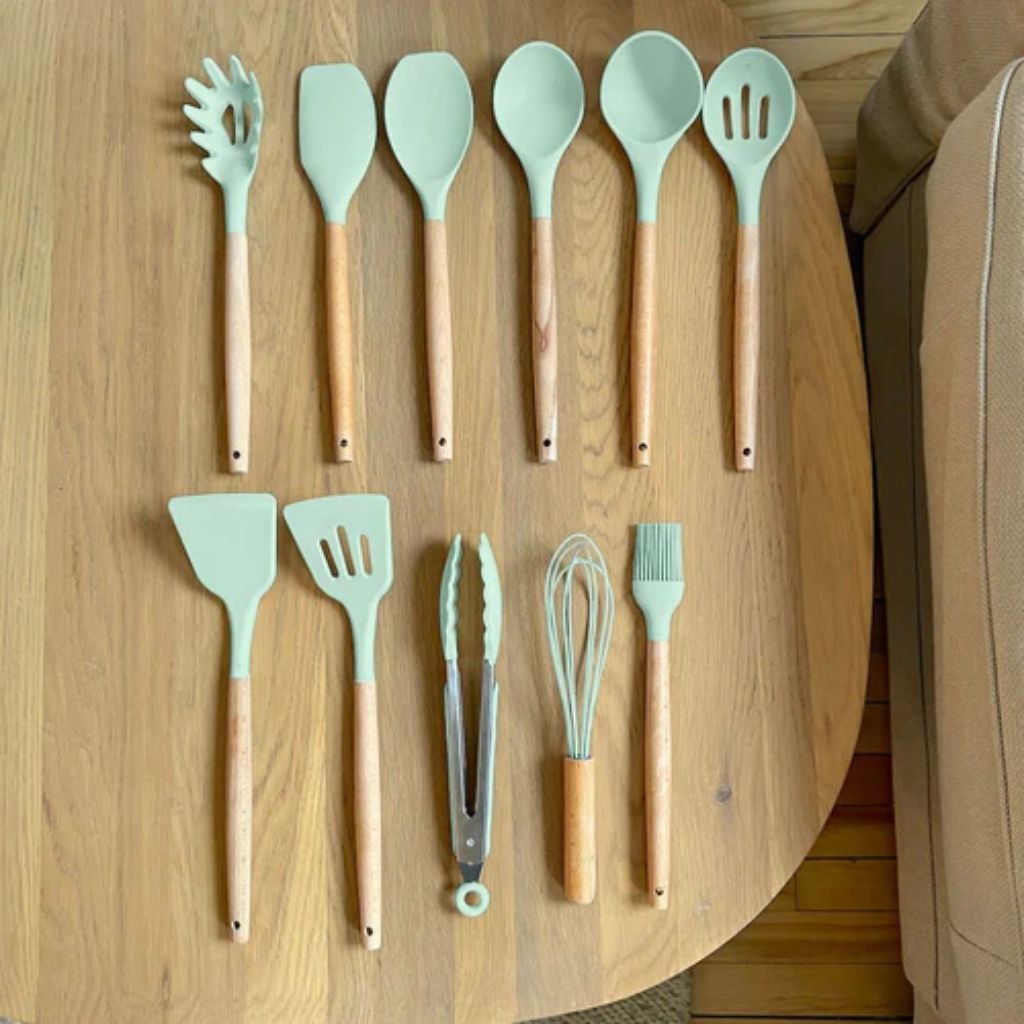 Silicone Kitchen Utensil Set with Wooden Handles for Non Stick Cookware