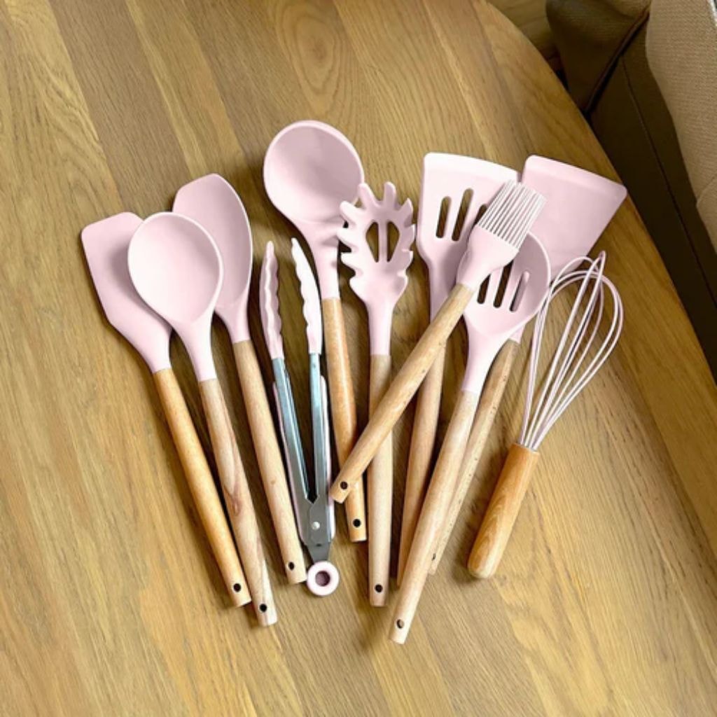 Silicone Kitchen Utensil Set with Wooden Handles for Non Stick Cookware