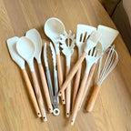 Silicone Kitchen Utensil Set with Wooden Handles for Non Stick Cookware