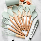 Silicone Kitchen Utensil Set with Wooden Handles for Non Stick Cookware