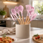Silicone Kitchen Utensil Set with Wooden Handles for Non Stick Cookware