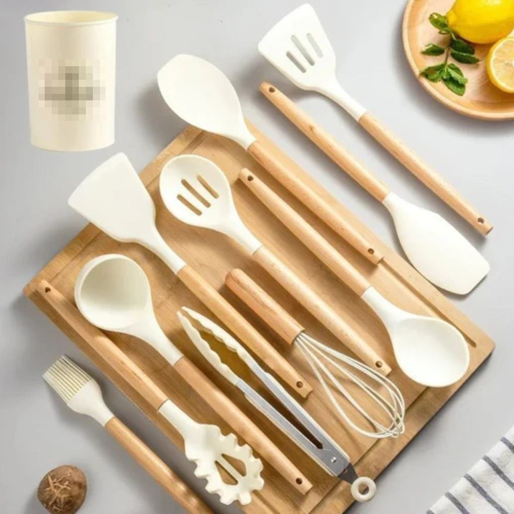 Silicone Kitchen Utensil Set with Wooden Handles for Non Stick Cookware