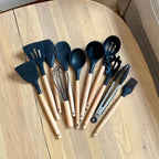 Silicone Kitchen Utensil Set with Wooden Handles for Non Stick Cookware