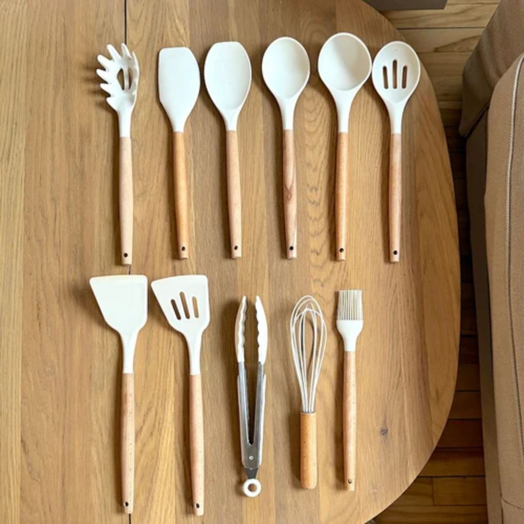 Silicone Kitchen Utensil Set with Wooden Handles for Non Stick Cookware