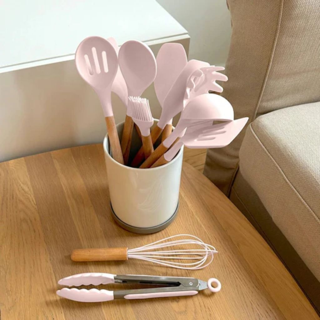 Silicone Kitchen Utensil Set with Wooden Handles for Non Stick Cookware