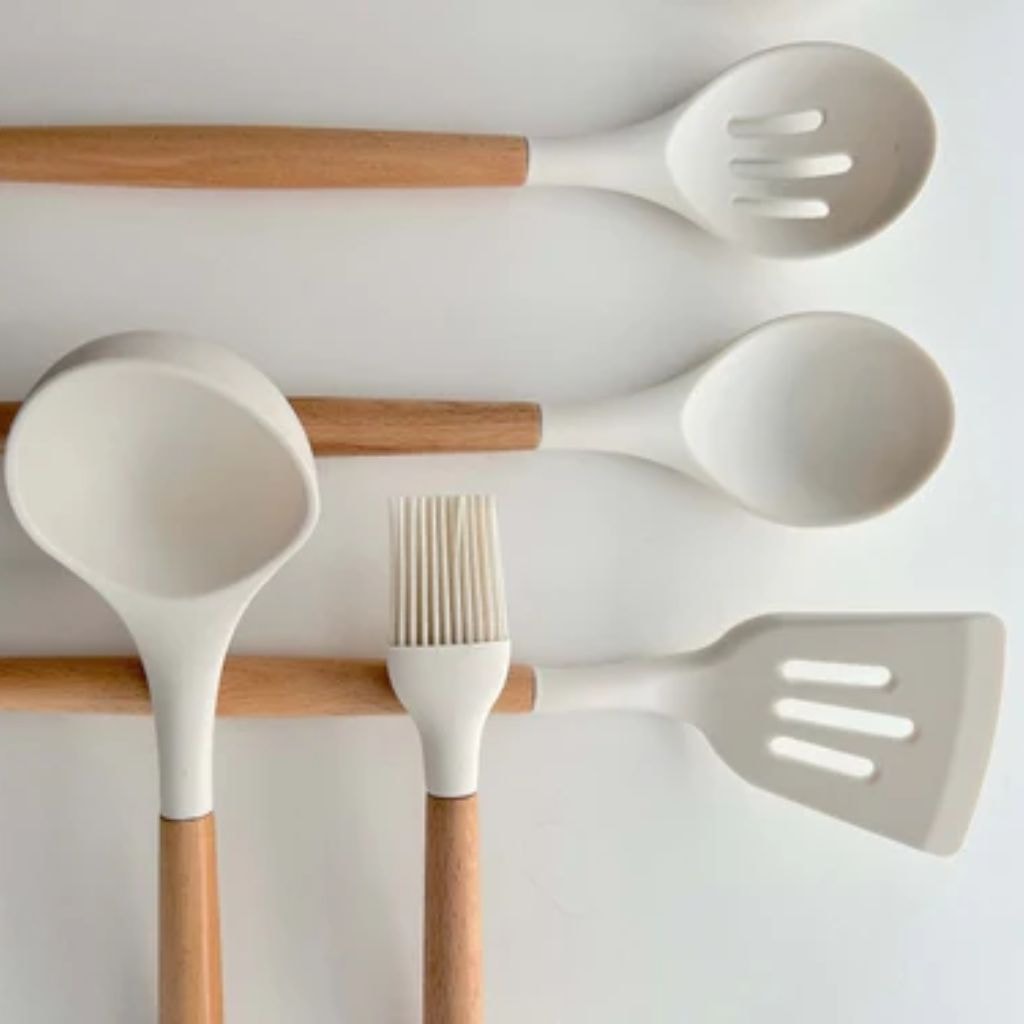 Silicone Kitchen Utensil Set with Wooden Handles for Non Stick Cookware