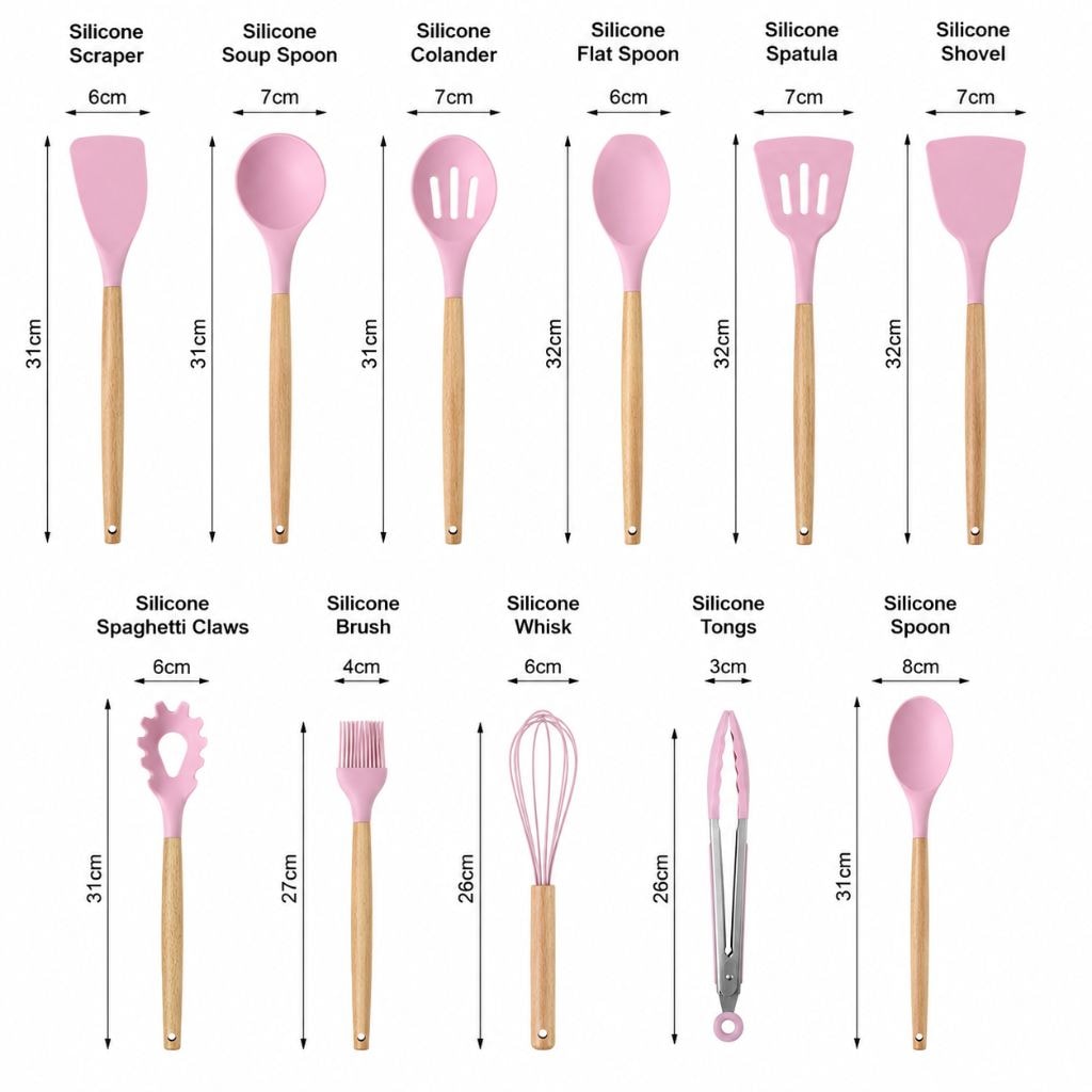 Silicone Kitchen Utensil Set with Wooden Handles for Non Stick Cookware