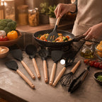 Silicone Kitchen Utensil Set with Wooden Handles for Non Stick Cookware