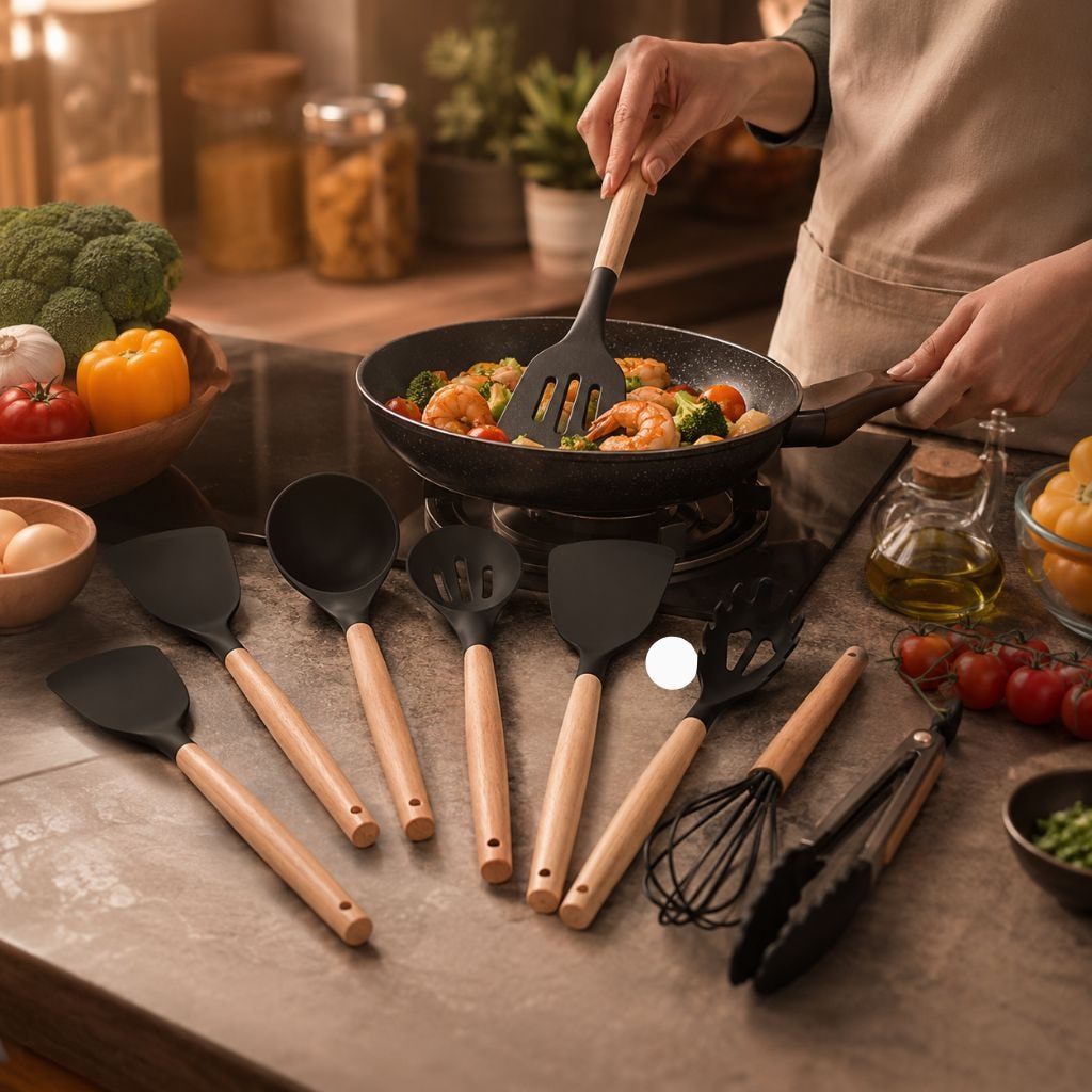 Silicone Kitchen Utensil Set with Wooden Handles for Non Stick Cookware