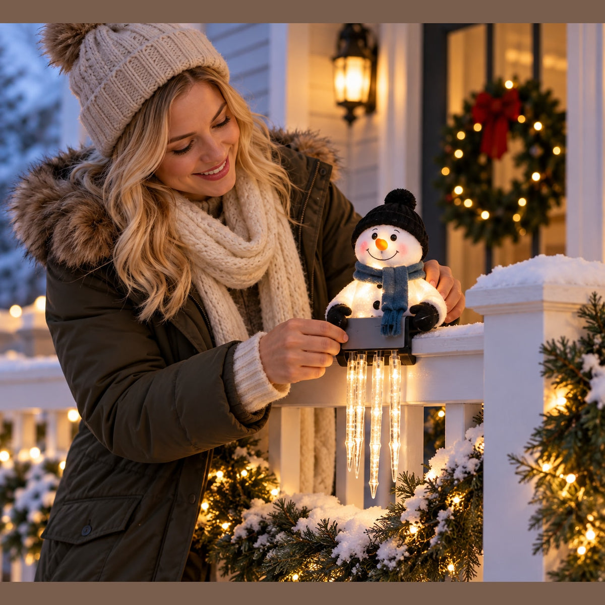 Snowman Icicle Railing Light Battery Operated Christmas Porch Decoration