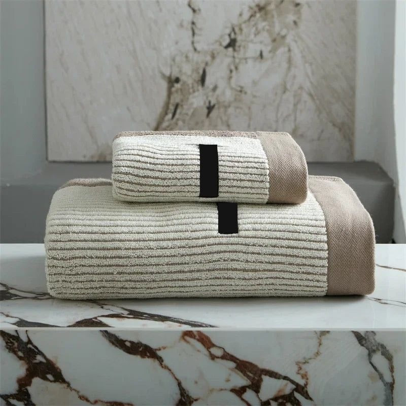 Soft Striped Cotton Bath Towel with Herringbone Border for Bathroom