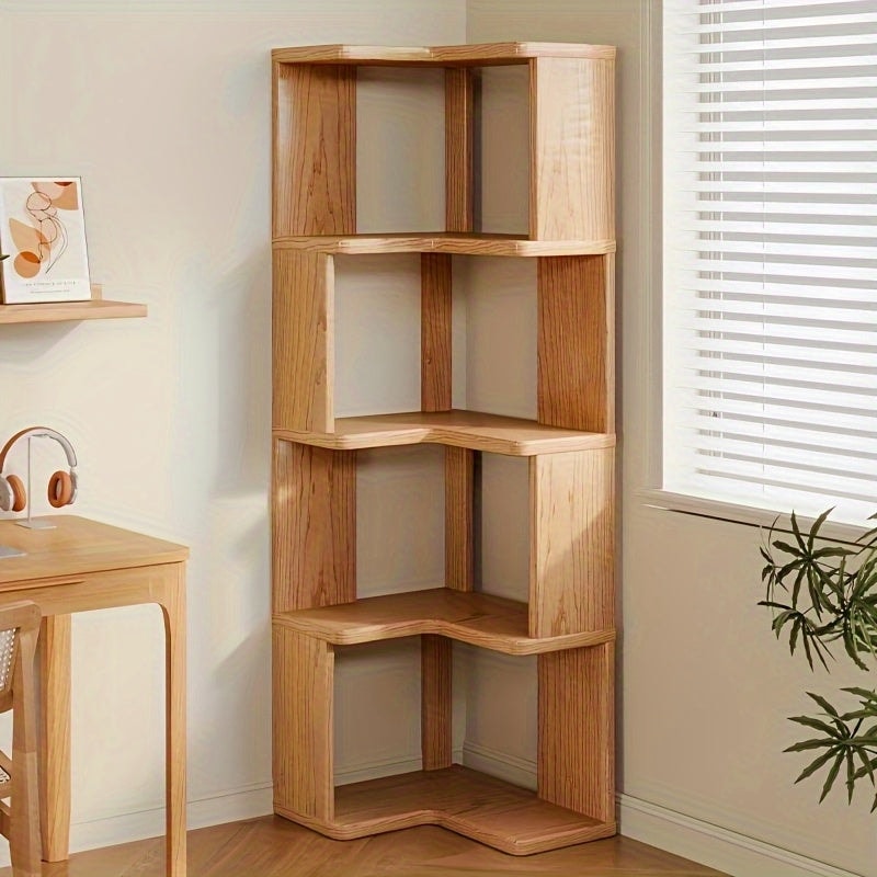 Solid Wood Corner Bookcase with Tiered L Shaped Shelves and Rounded Edges