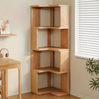 Solid Wood Corner Bookcase with Tiered L Shaped Shelves and Rounded Edges