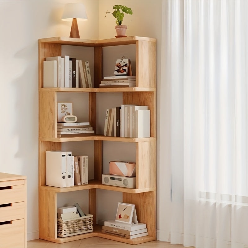 Solid Wood Corner Bookcase with Tiered L Shaped Shelves and Rounded Edges