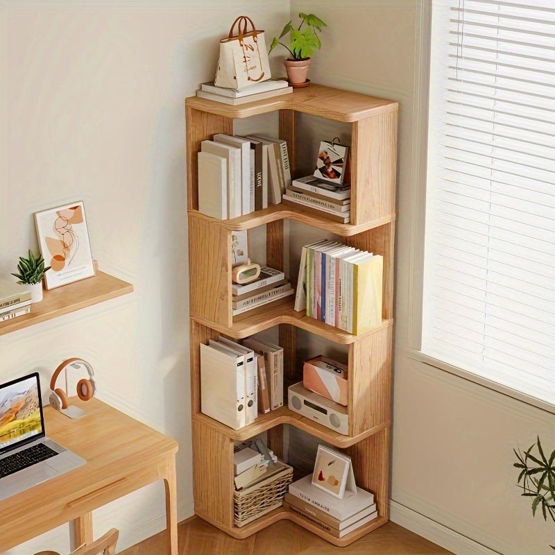 Solid Wood Corner Bookcase with Tiered L Shaped Shelves and Rounded Edges