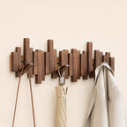 Solid Wood Wall Mounted Coat Rack with Fold Down Hooks and Staggered Slats