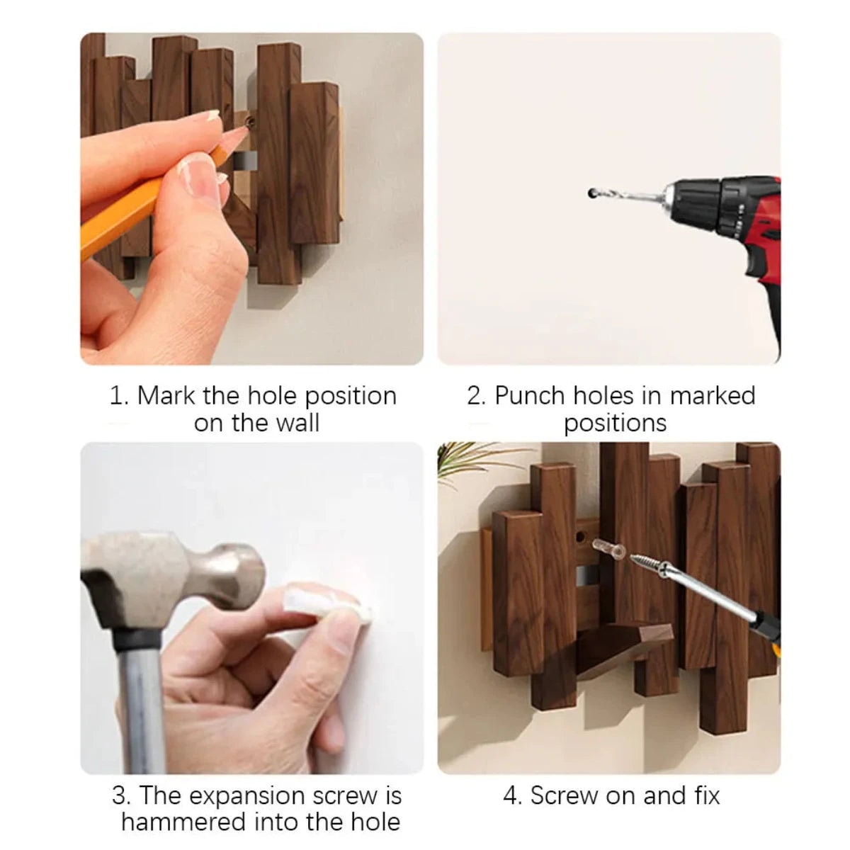 Solid Wood Wall Mounted Coat Rack with Fold Down Hooks and Staggered Slats