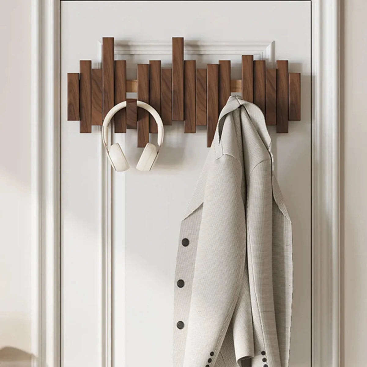Solid Wood Wall Mounted Coat Rack with Fold Down Hooks and Staggered Slats