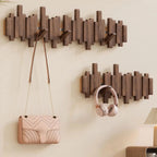 Solid Wood Wall Mounted Coat Rack with Fold Down Hooks and Staggered Slats