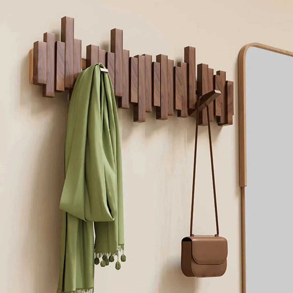 Solid Wood Wall Mounted Coat Rack with Fold Down Hooks and Staggered Slats