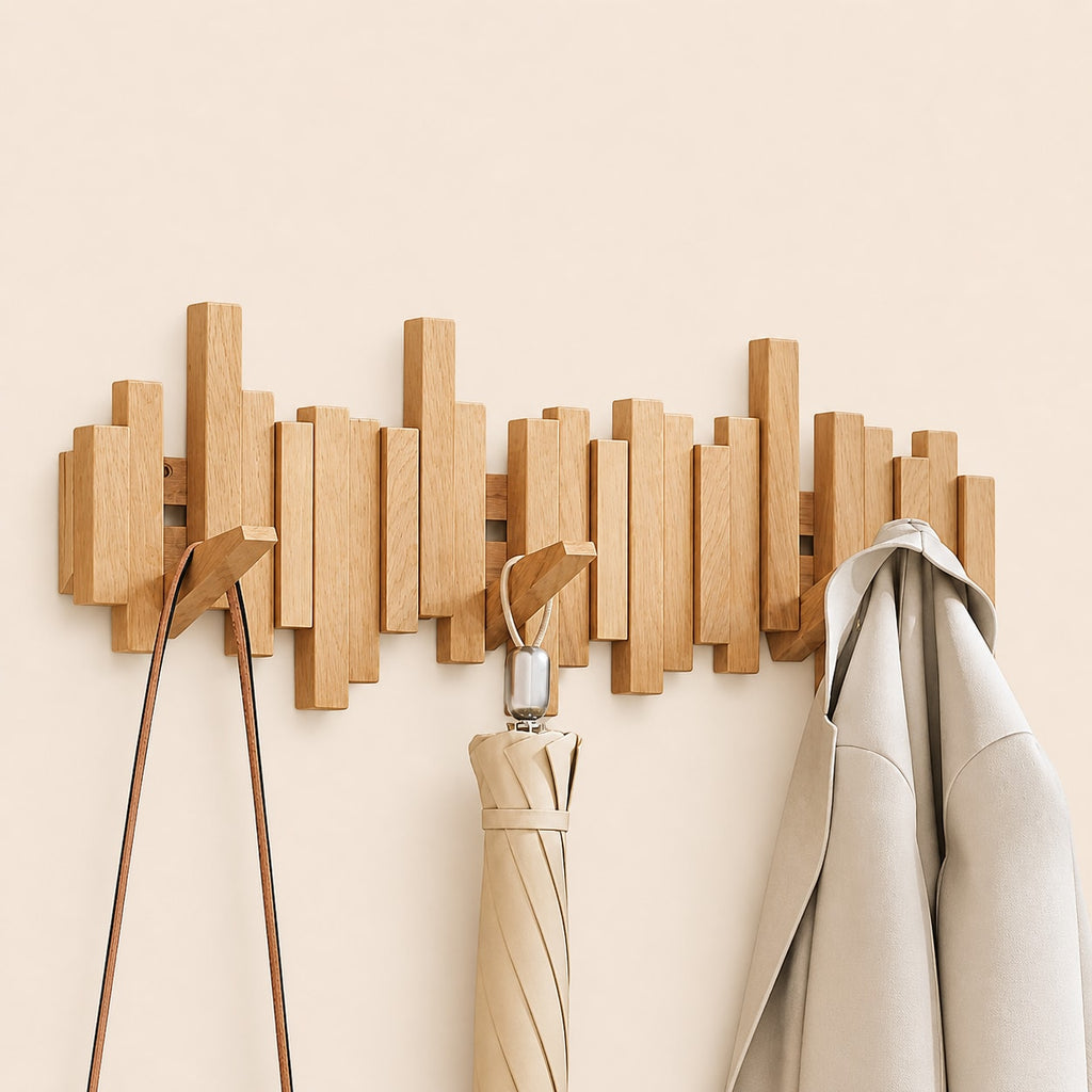 Solid Wood Wall Mounted Coat Rack with Fold Down Hooks and Staggered Slats