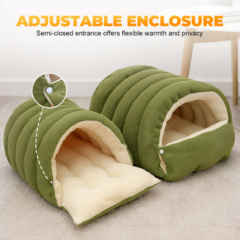 Plush Cat Cave Bed Semi Enclosed Corduroy Pet Bed with Adjustable Zip Opening Warm Hooded Cat House for Indoor Cats and Small Dogs