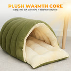 Plush Cat Cave Bed Semi Enclosed Corduroy Pet Bed with Adjustable Zip Opening Warm Hooded Cat House for Indoor Cats and Small Dogs