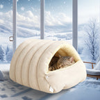 Plush Cat Cave Bed Semi Enclosed Corduroy Pet Bed with Adjustable Zip Opening Warm Hooded Cat House for Indoor Cats and Small Dogs