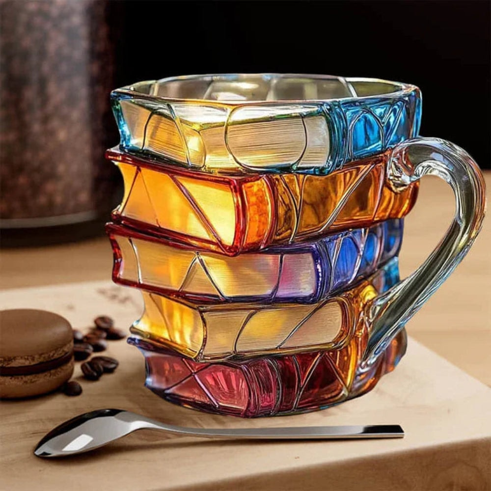Stacked Books Glass Coffee Mug with Stained Glass Look for Book Lovers