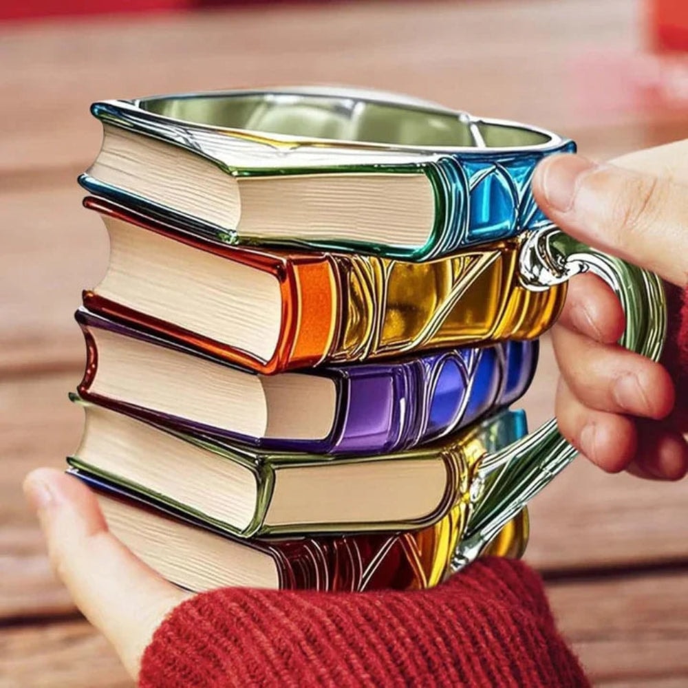 Stacked Books Glass Coffee Mug with Stained Glass Look for Book Lovers