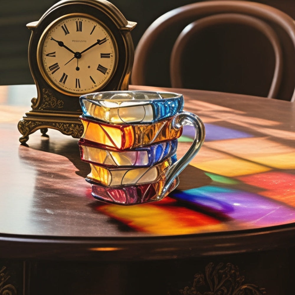 Stacked Books Glass Coffee Mug with Stained Glass Look for Book Lovers