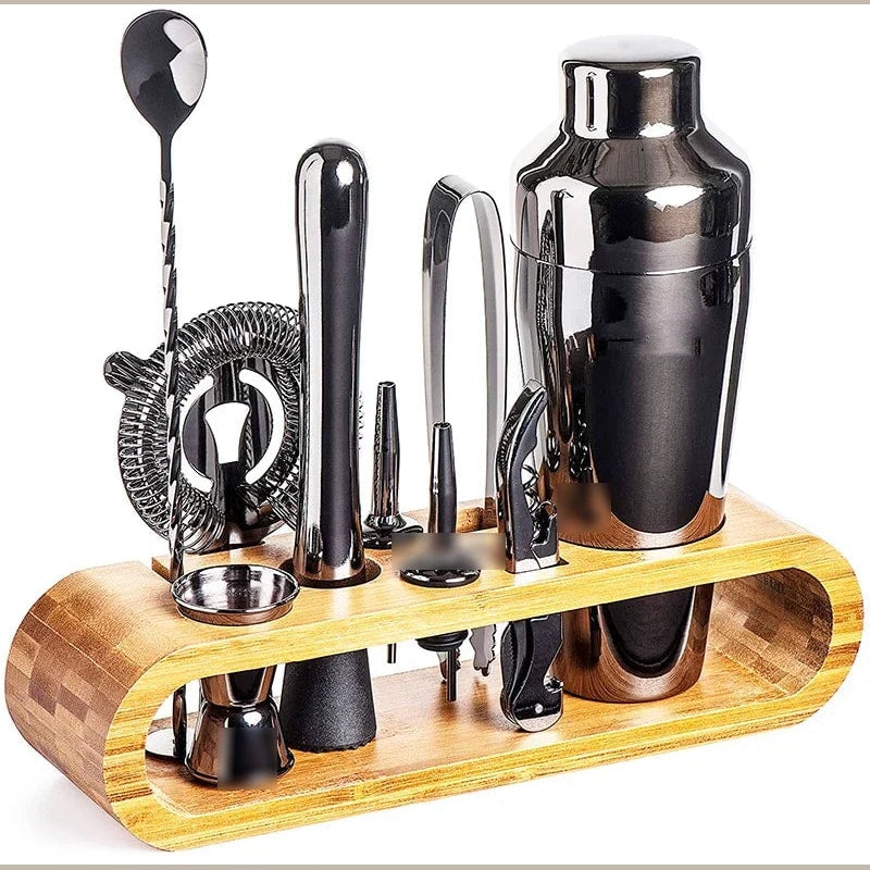 Stainless Steel Cocktail Shaker Set with Bamboo Stand | Home Bar Tool Kit